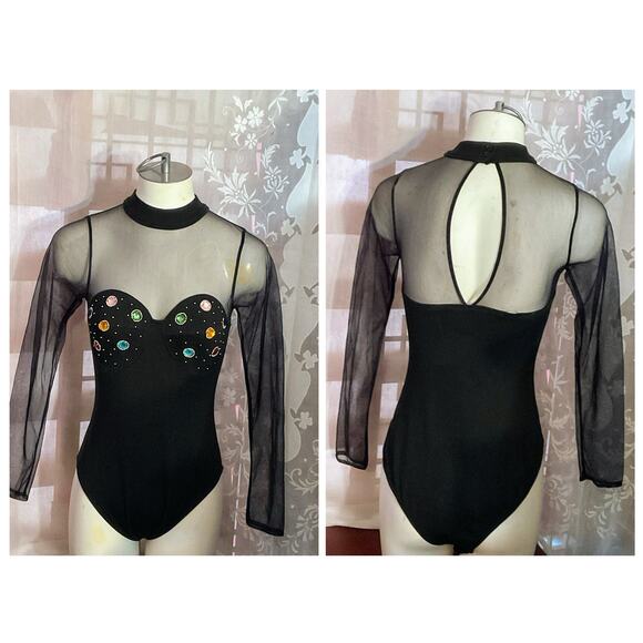 Vtg 90’s Black Sheer Crotch Snap Bodysuit Embellished Jewels Dance Stretch Med. - Picture 1 of 16